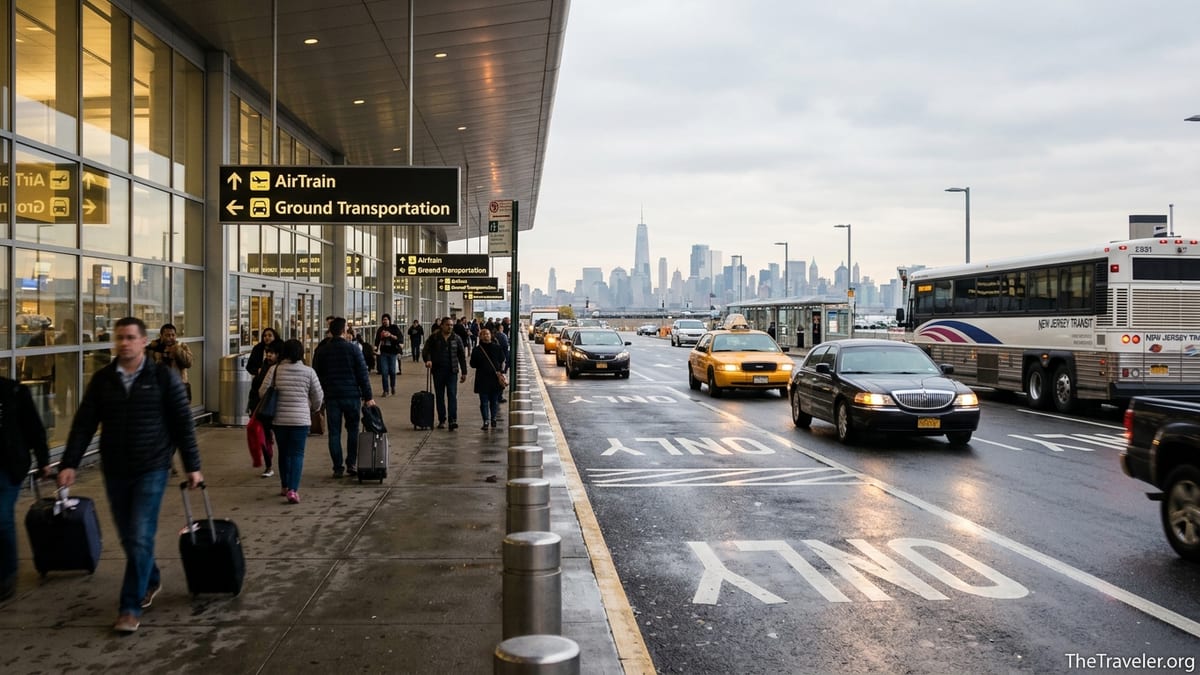 Travelers leaving Newark Airport terminals toward trains, taxis, and buses bound for Manhattan.