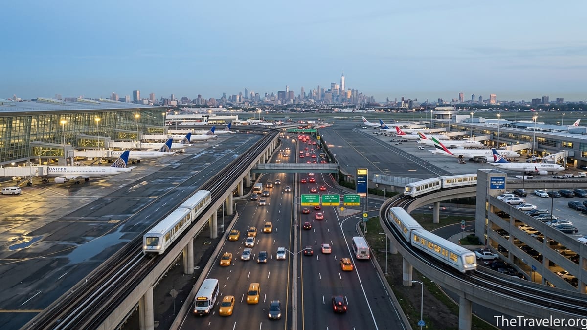 View of Newark and JFK airports with Manhattan skyline in the distance at blue hour.