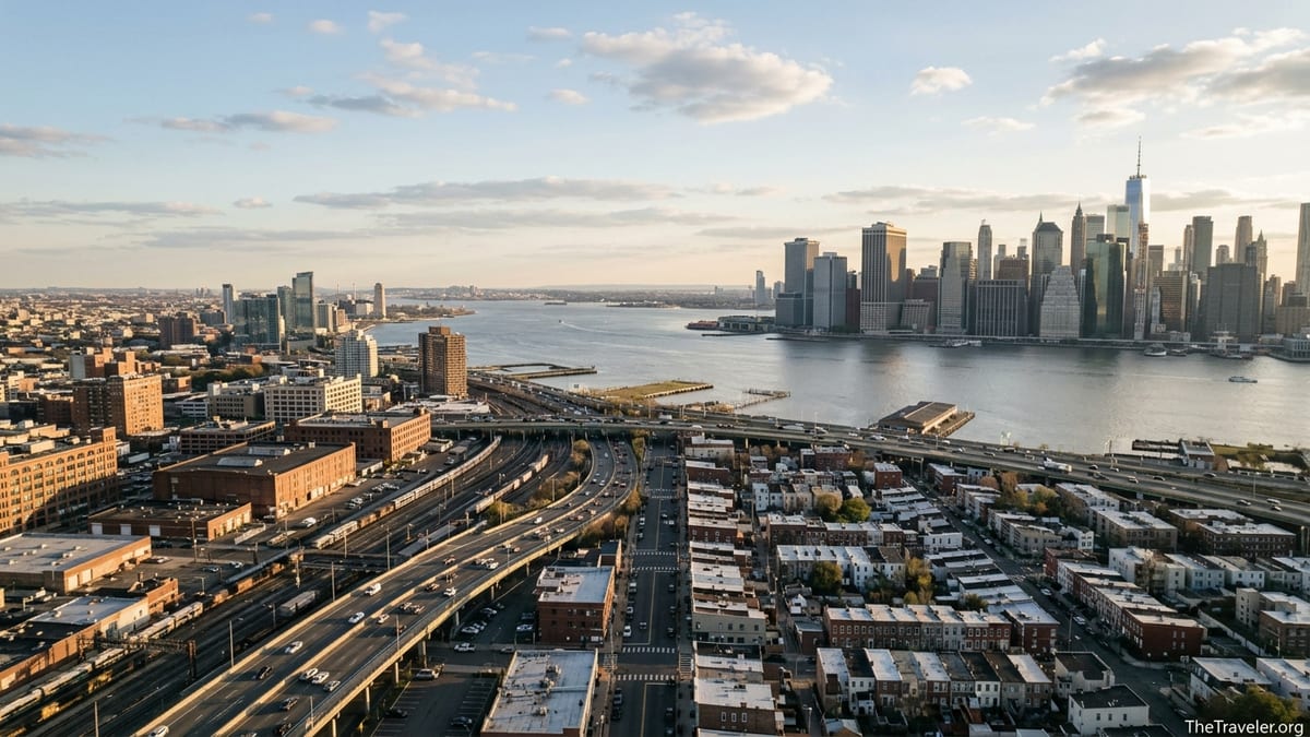 Aerial view of Newark and Manhattan skylines facing each other across the Hudson River at golden hour.