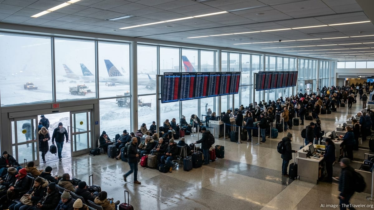 Stranded passengers crowd Newark Liberty terminal as heavy snow grounds flights.