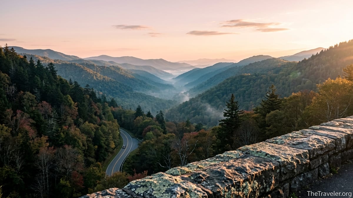 Sunrise view over misty blue ridges from an overlook on Newfound Gap Road in Great Smoky Mountains National Park.