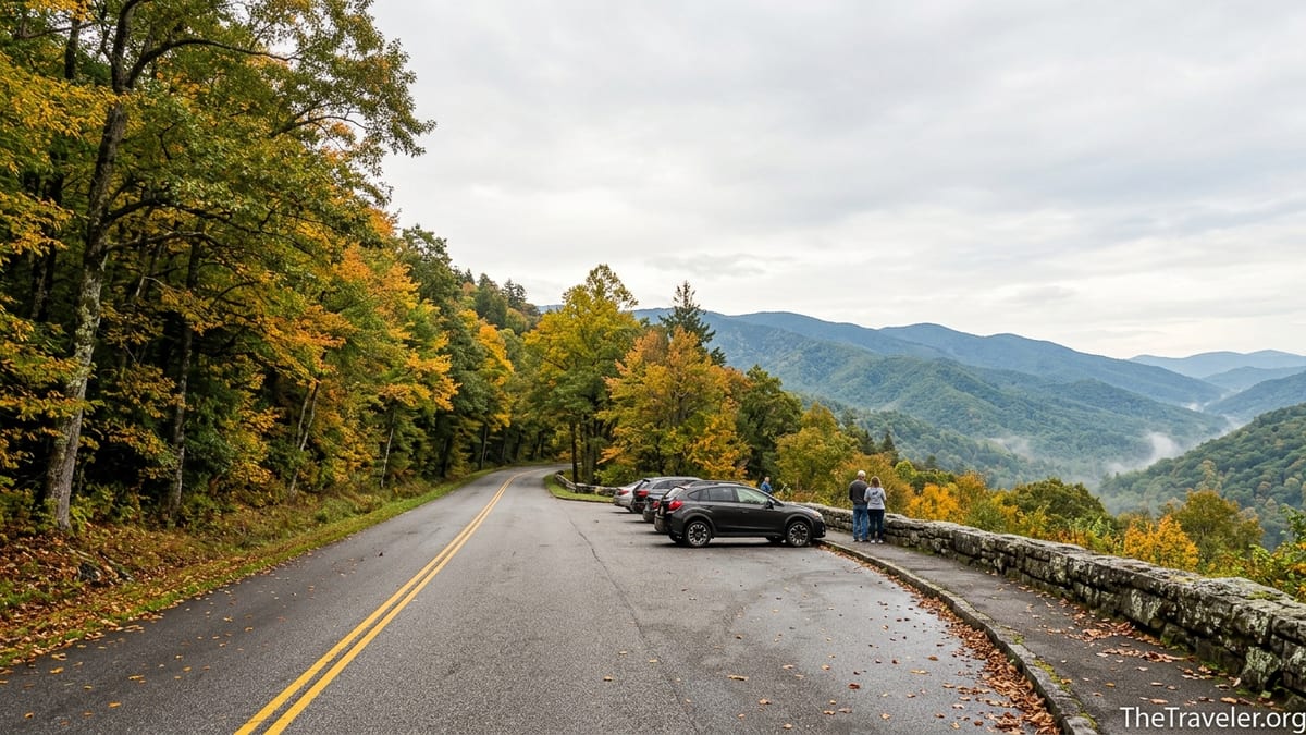 Cars parked at an overlook on Newfound Gap Road with misty Smoky Mountain ridges in the distance.