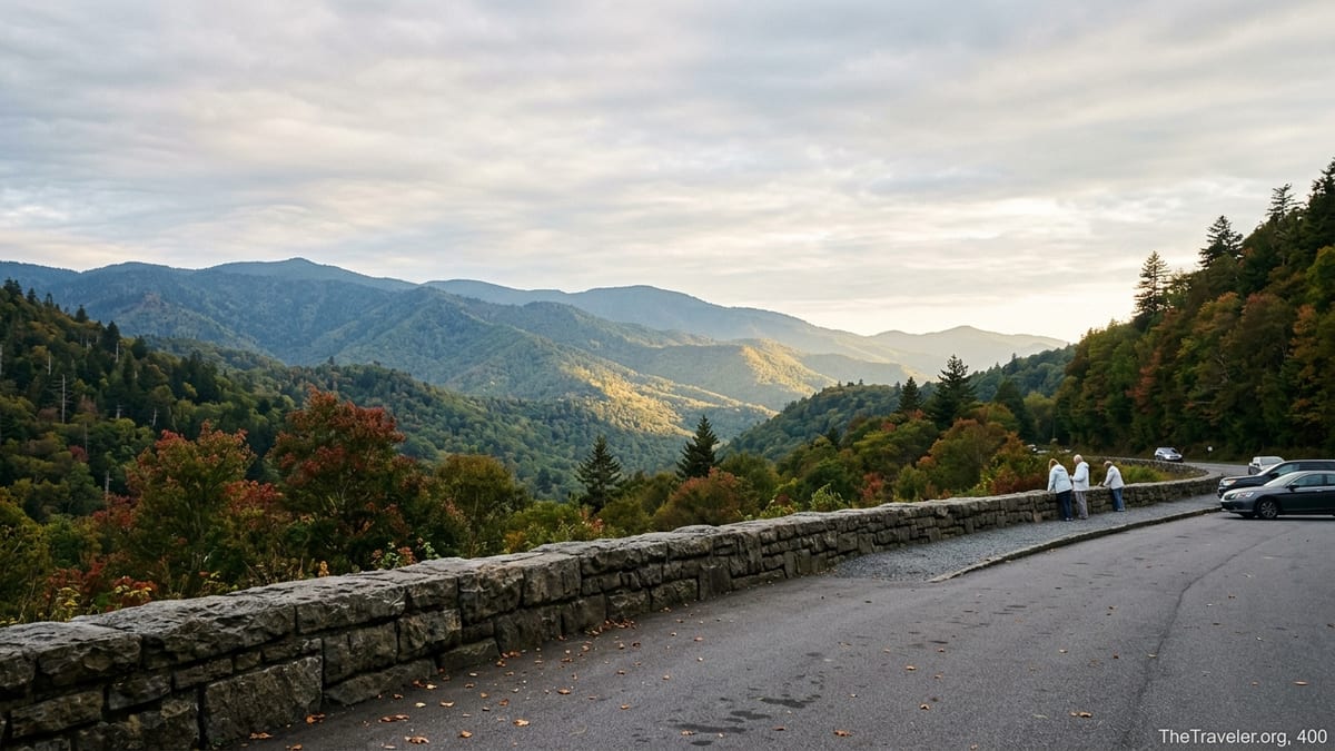 Layered Smoky Mountain ridges seen from a stone overlook along Newfound Gap Road in soft autumn light.