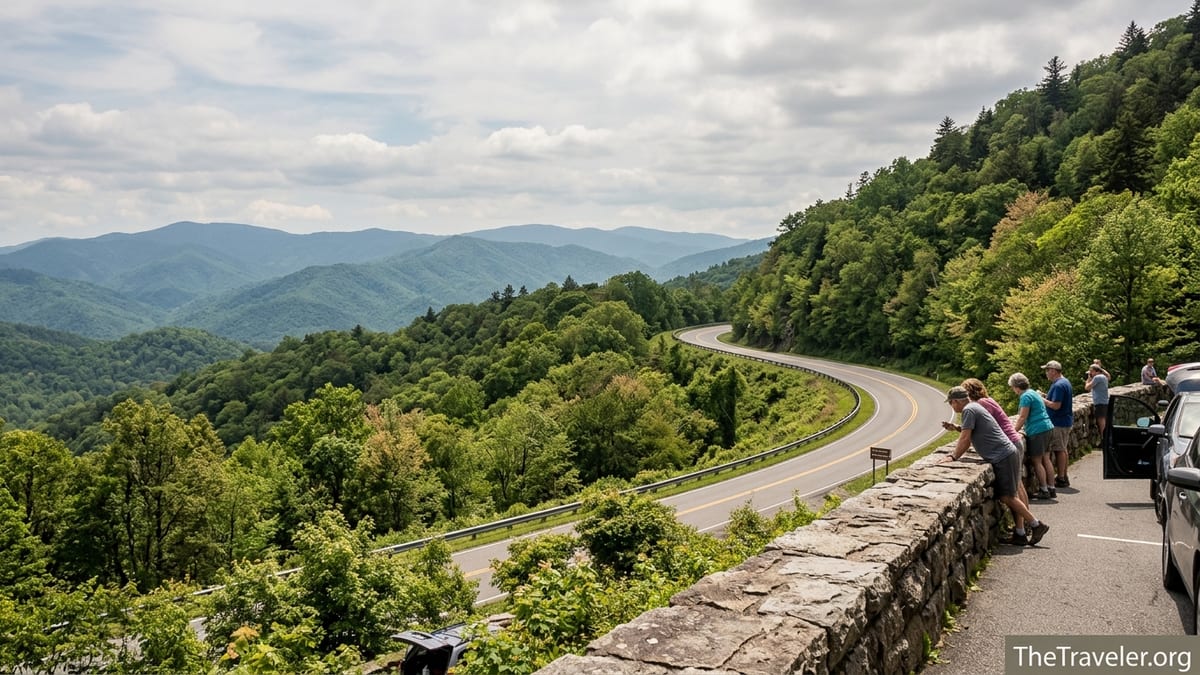 View of Newfound Gap Road winding through forested Smoky Mountain ridges from a scenic overlook.