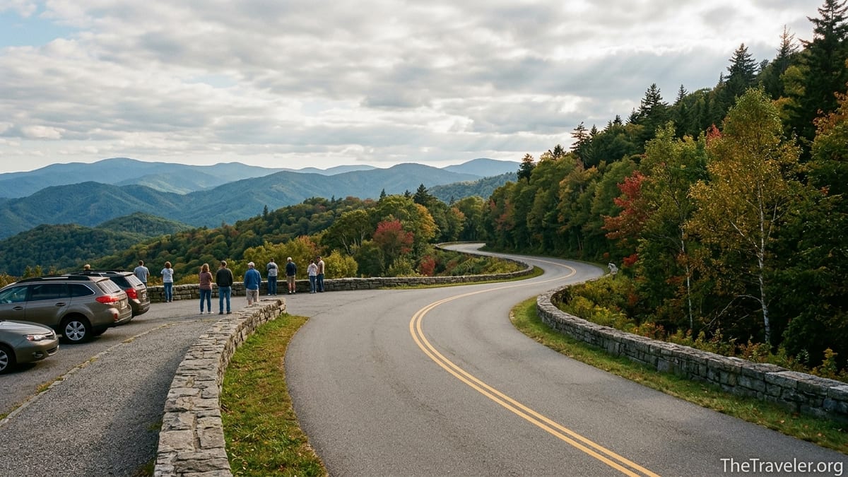 Scenic view of Newfound Gap Road curving past an overlook with layered Smoky Mountain ridges in the distance.