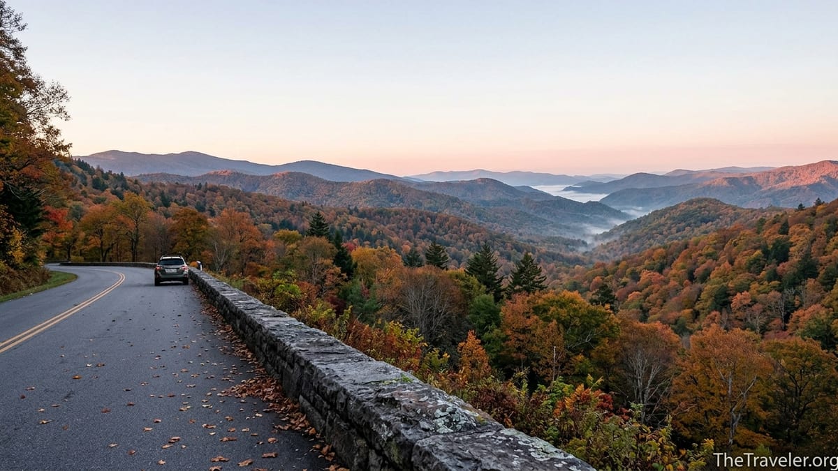 Autumn sunrise over layered Smoky Mountain ridges seen from a quiet curve on Newfound Gap Road.