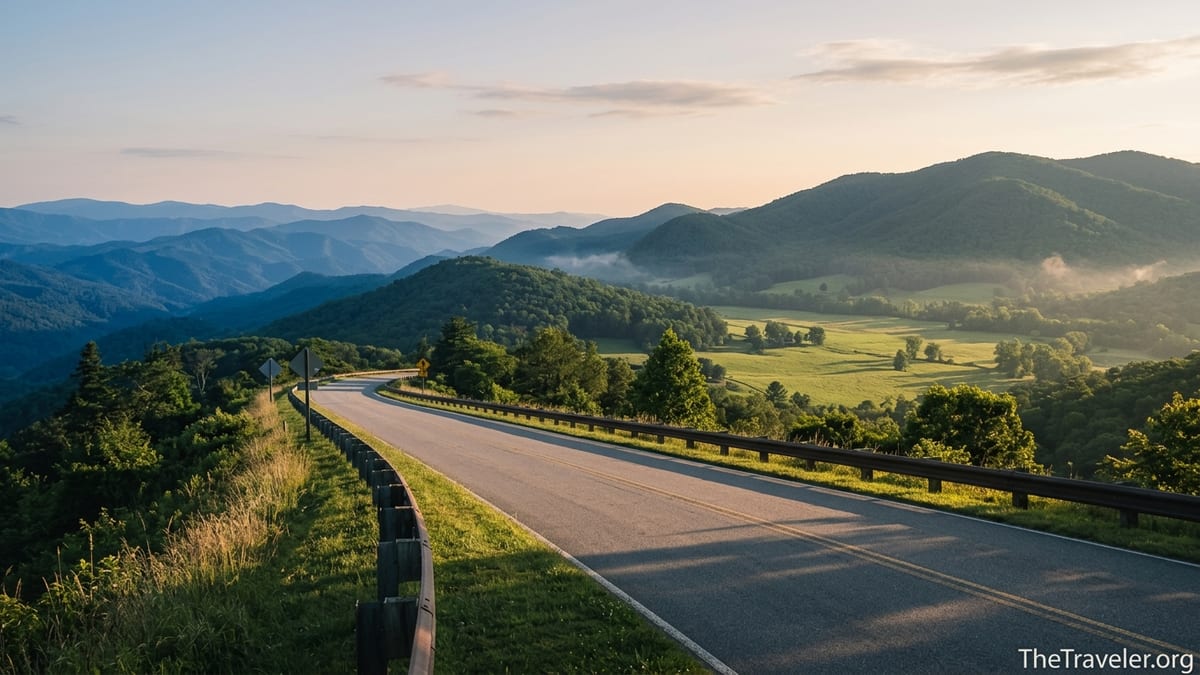 Curving mountain road above a misty valley and layered blue ridges in Great Smoky Mountains.