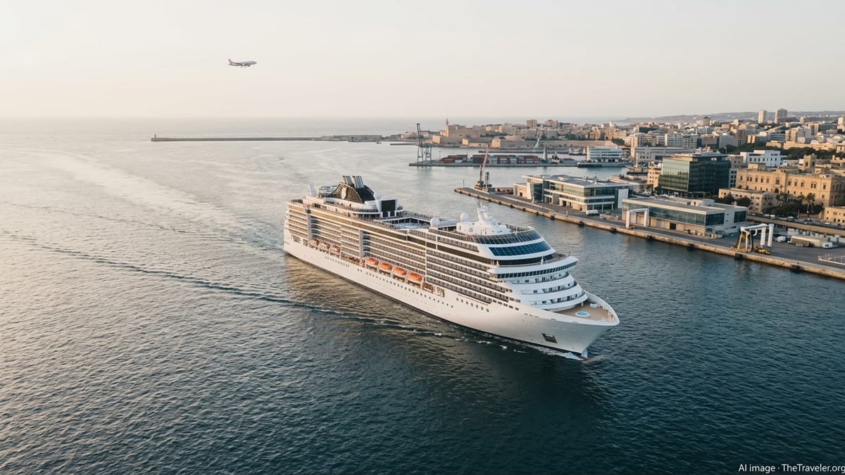 Next-generation cruise ship leaving a European port at sunset with city skyline and shore power terminal visible.