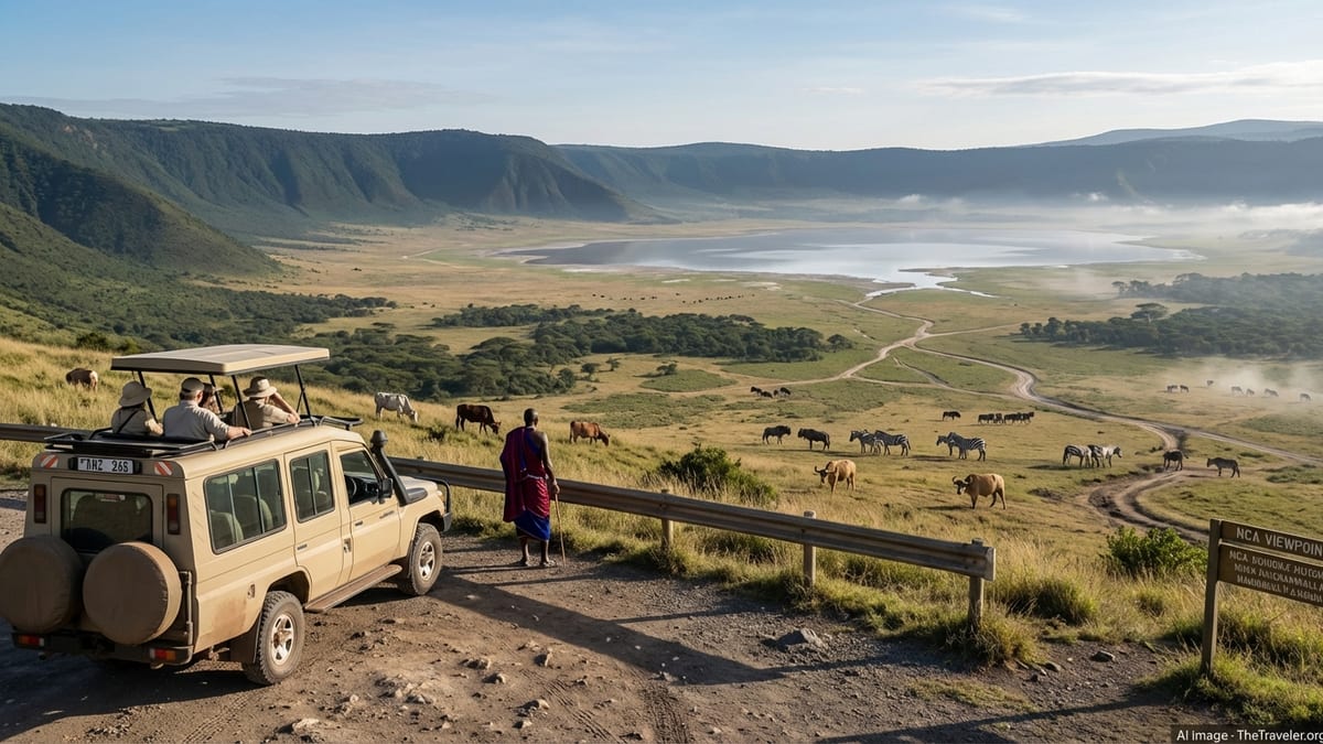 Early morning view of Ngorongoro Crater, Tanzania with safari vehicle and Maasai man.