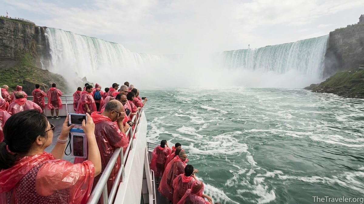 Visitors in red ponchos on a Niagara City Cruises boat approaching Horseshoe Falls in heavy mist.