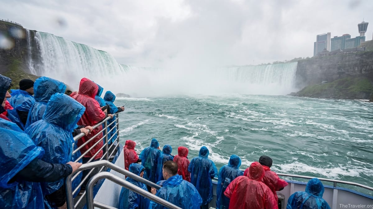 Crowded tour boat in ponchos approaching misty Horseshoe Falls at Niagara Falls.
