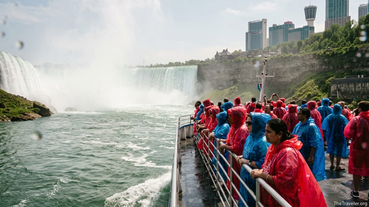 Passengers in ponchos on a boat approaching Niagara Falls through misty spray