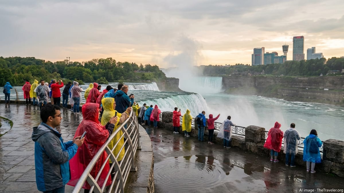 Visitors in rain jackets watch mist rise from Horseshoe Falls at Niagara Falls on an overcast evening.