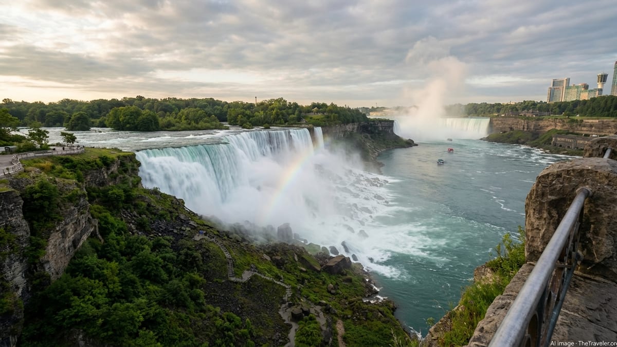 Sunrise view of Niagara Falls with Horseshoe Falls in mist and distant skyline.