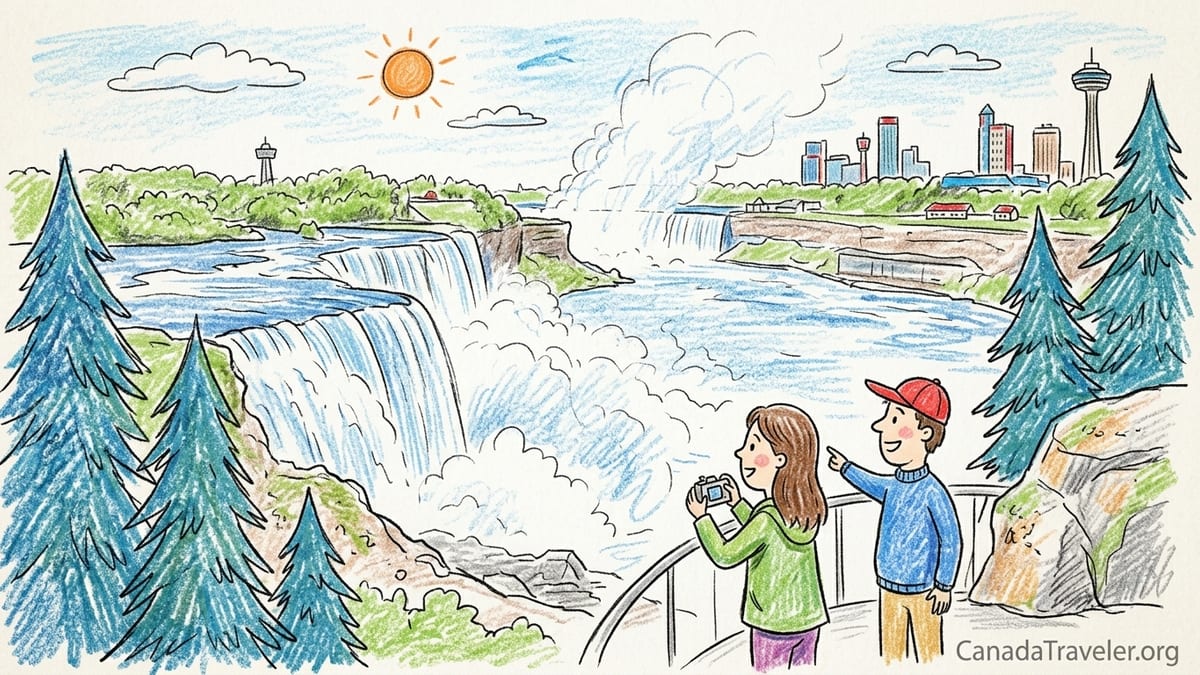 Canadian Horseshoe Falls with misty river views and subtle neon glow from the nearby tourist district at dusk.