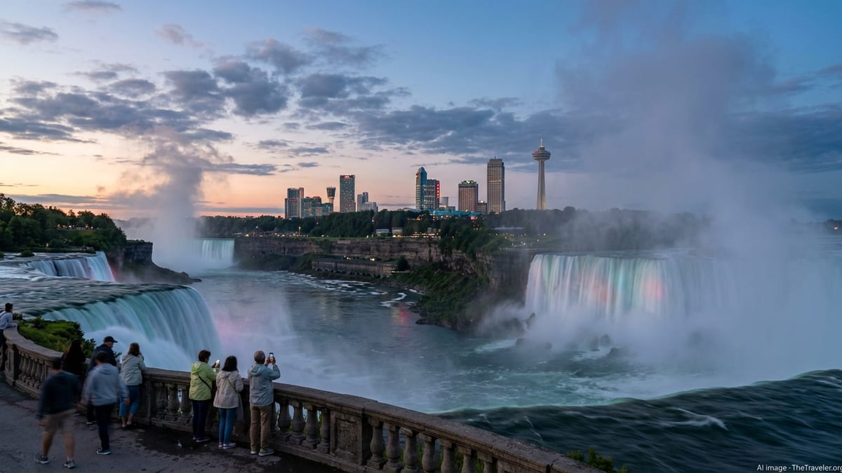 Evening view of Niagara Falls with mist, colored lights and visitors along the riverside promenade.