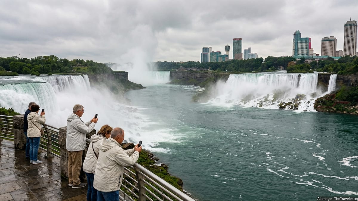 Panoramic view of Niagara Falls from Canada showing Horseshoe Falls and American Falls with mist and visitors at the railing.