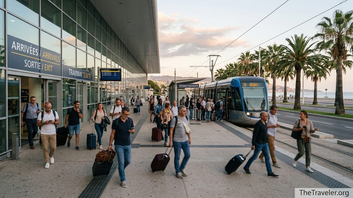 Travelers with luggage boarding the tram outside Nice Côte d’Azur Airport at sunset.