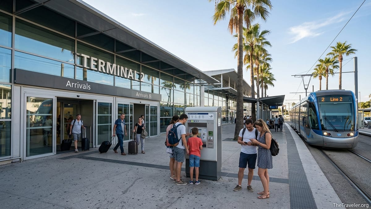 Travellers with luggage exiting Nice Côte d’Azur Airport Terminal 2 toward the tram stop on a sunny afternoon.
