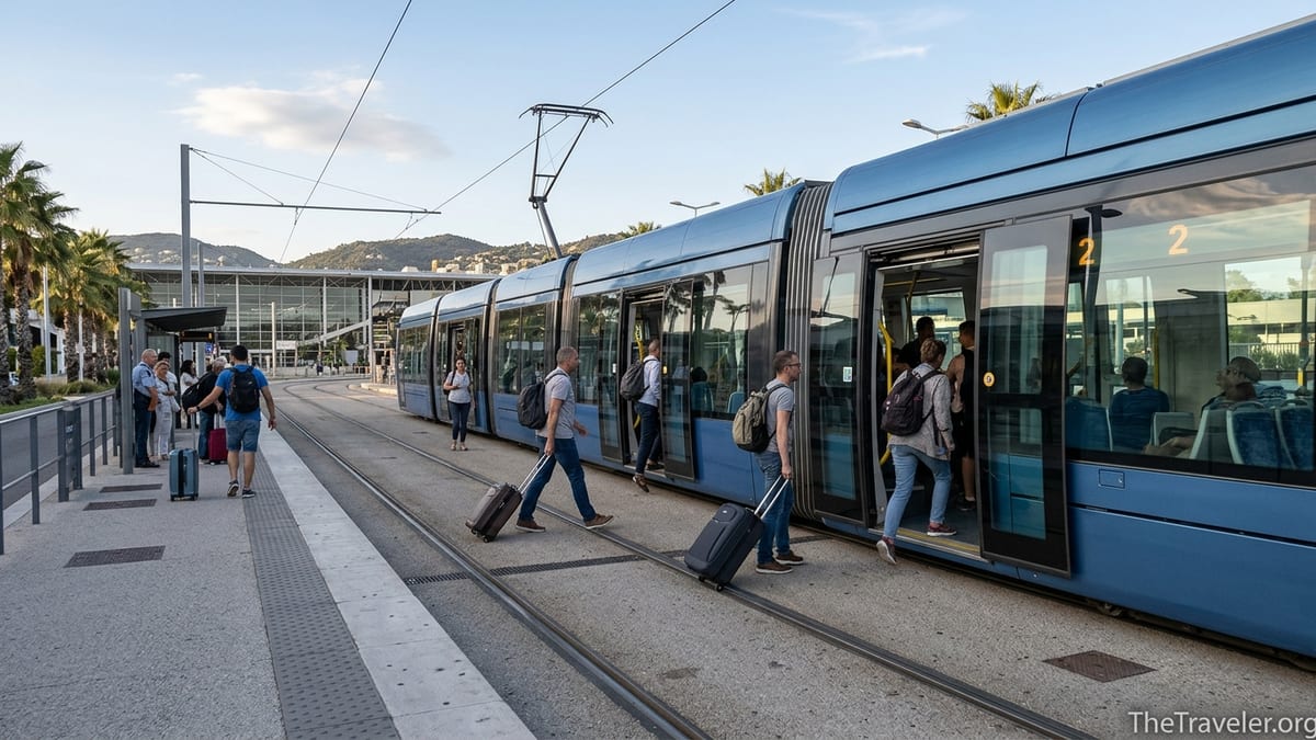 Passengers board tram line 2 at Nice Airport platform in bright afternoon sun.
