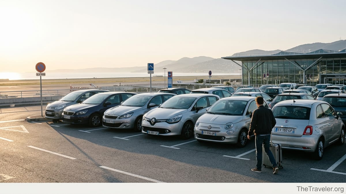 Row of rental cars outside Nice Côte d’Azur Airport with terminal and hills behind.