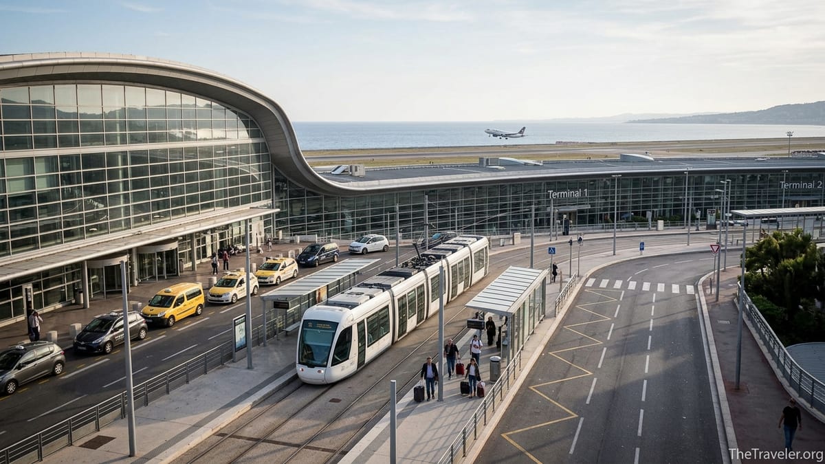 Nice Côte d’Azur Airport tram stop with terminals, taxis and Mediterranean Sea in background.