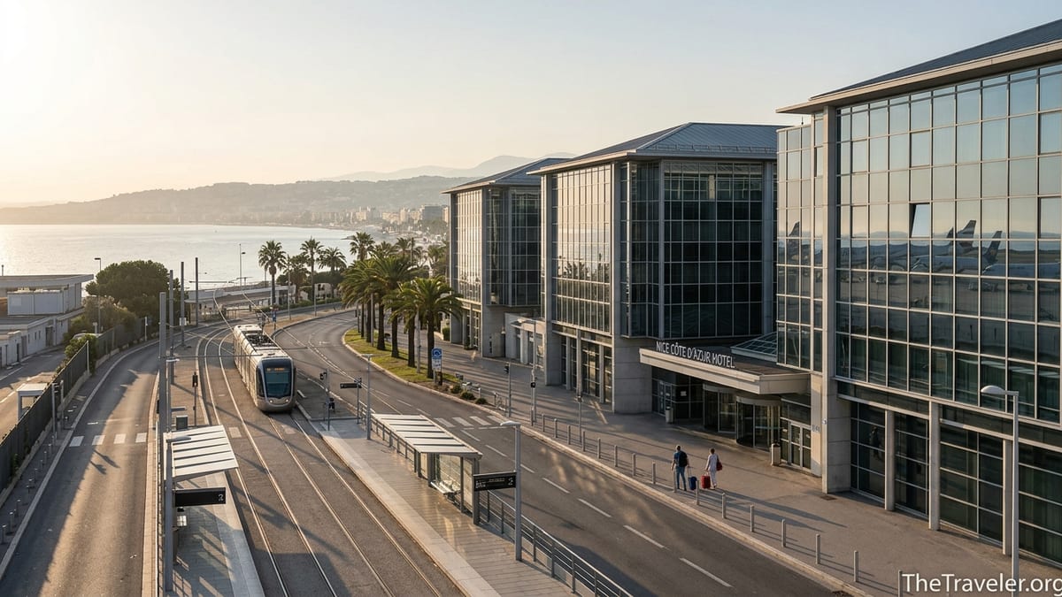 Early morning view of modern hotels and tram stop near Nice Côte d’Azur Airport.