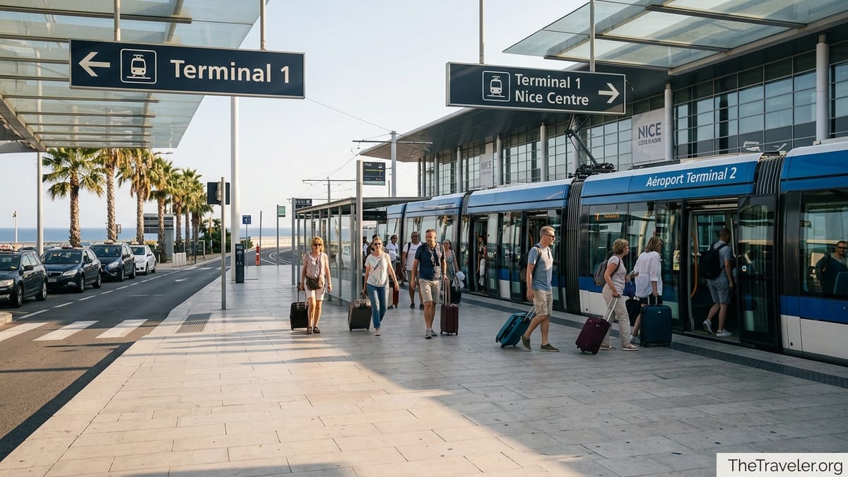 Travelers with luggage boarding the tram outside Nice Côte d’Azur Airport Terminal 2 at sunset.