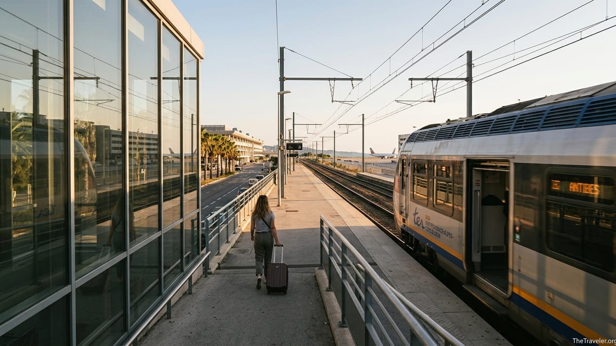Traveler boarding a TER train to Antibes at Nice Saint-Augustin station near Nice Airport.
