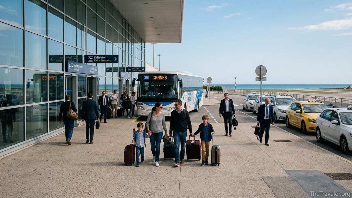 Travellers leaving Nice Côte d’Azur Airport toward buses and taxis bound for Cannes.