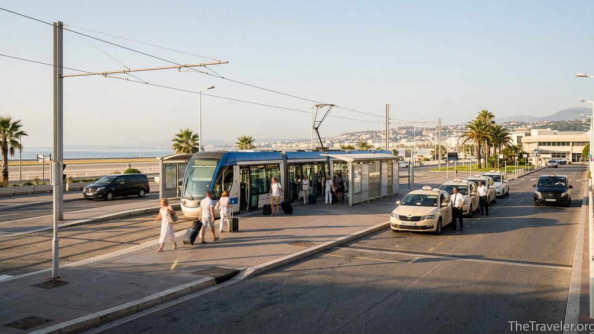 Tram, taxis and passengers outside Nice Côte d’Azur Airport on a sunny morning