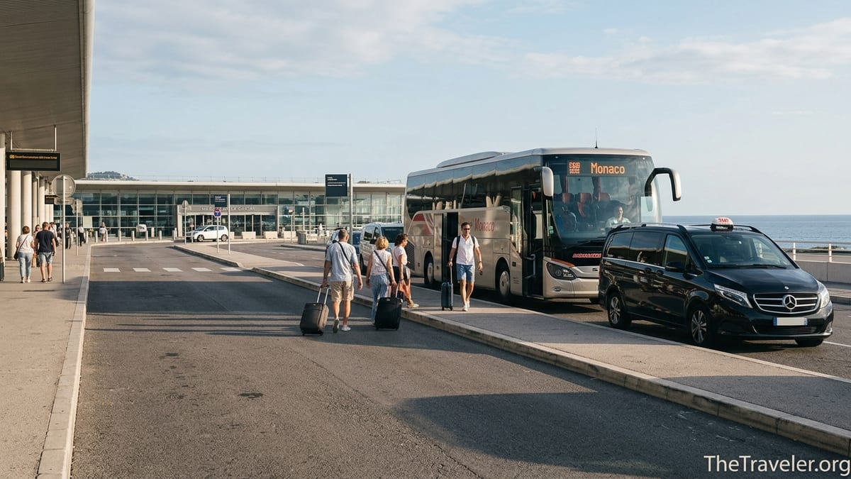 Travelers with suitcases choose between bus and taxi outside Nice Côte d’Azur Airport.