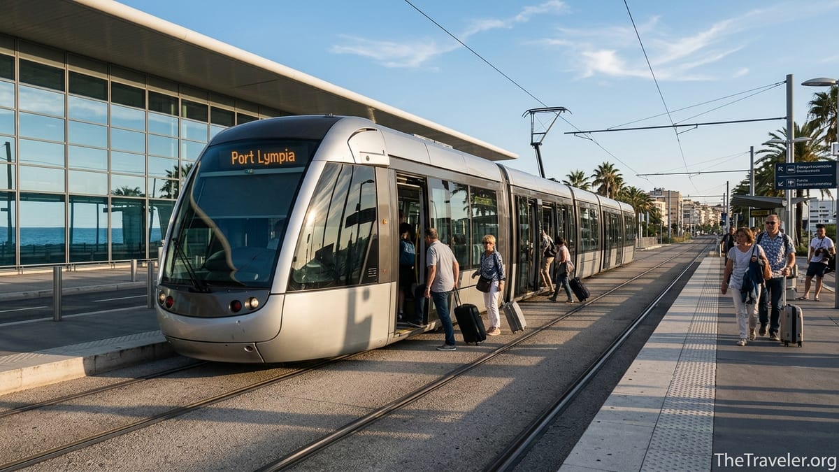 Nice tram Line 2 at Nice Côte d’Azur Airport Terminal 2 with passengers boarding at sunset.