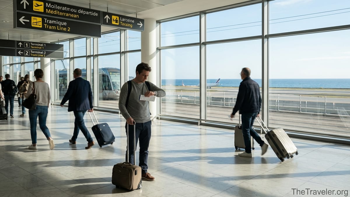 Traveler checking time inside Nice Airport with view of runway and sea.