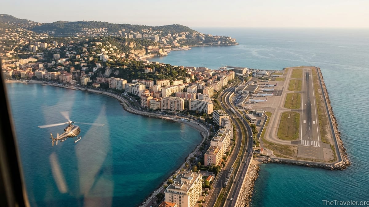 Aerial view of Nice Airport and the French Riviera coastline at golden hour