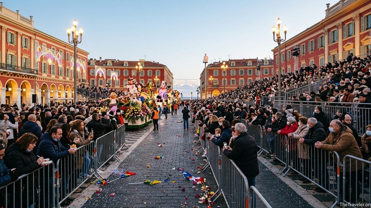 Crowds watch an illuminated parade float at Nice Carnival on a February evening in Place Masséna.