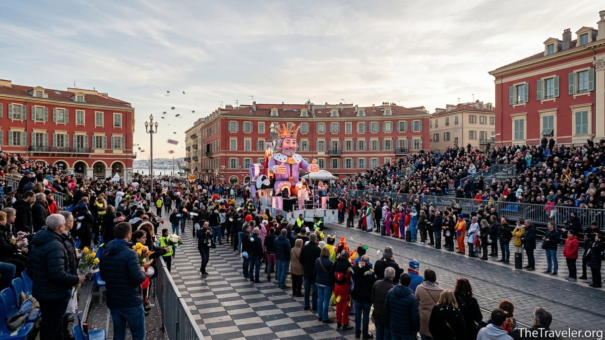 Crowds watching a colorful float during Nice Carnival near Place Masséna in winter.