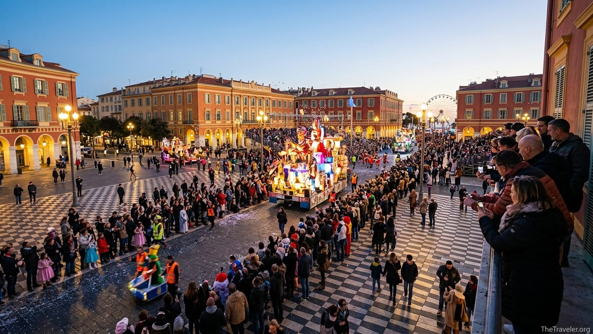 Crowds watching illuminated floats at dusk in Place Masséna during Nice Carnival.