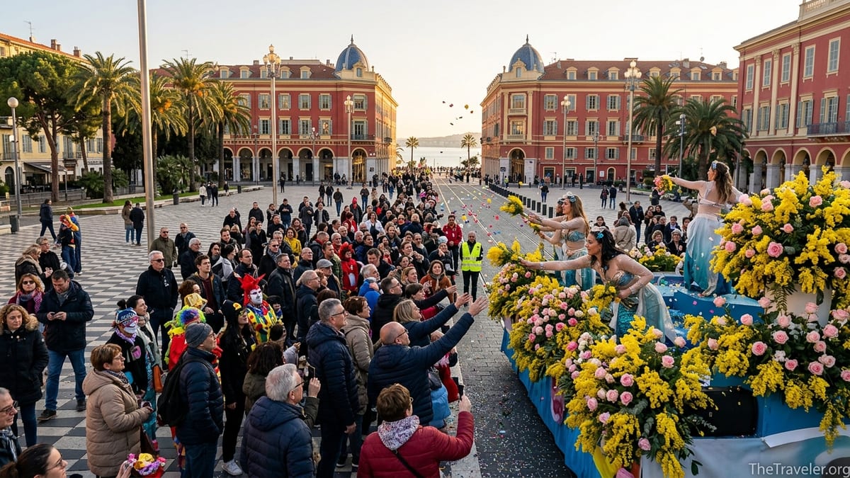 Crowds in Place Masséna watch a flower-covered float during Nice Carnival in winter sunlight.