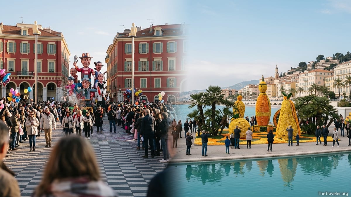 Crowds enjoy floats in Nice Carnival and citrus sculptures at Menton Lemon Festival on the French Riviera.