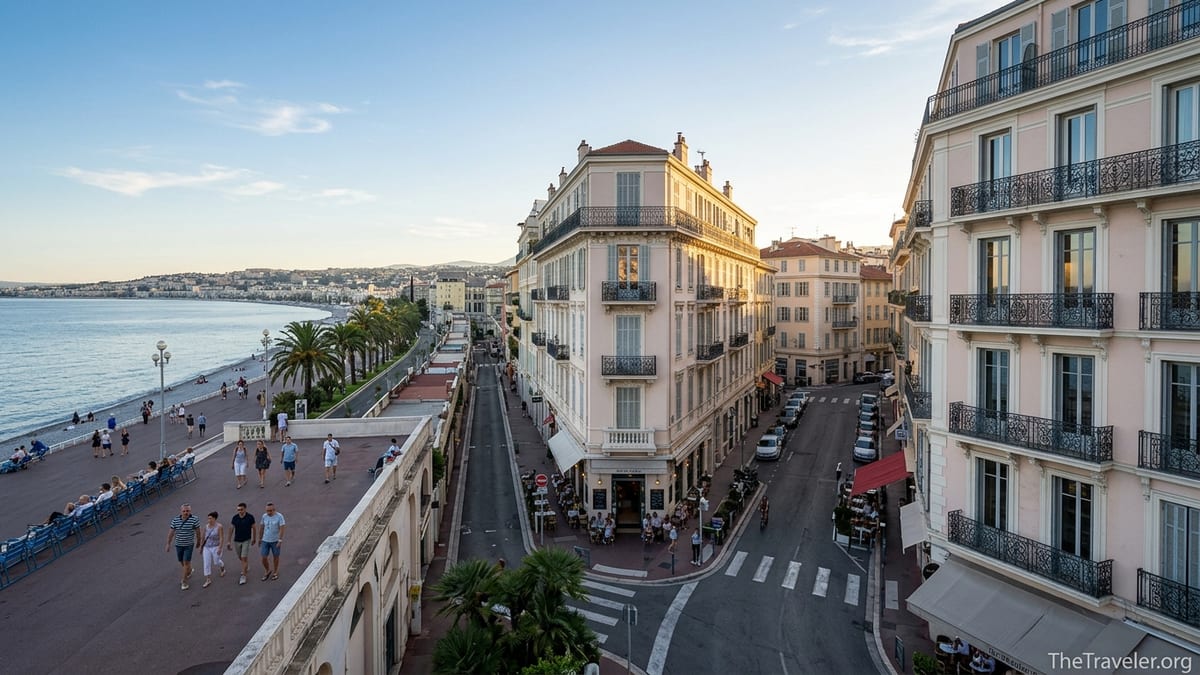 Golden hour view over Nice’s Carré d’Or and Promenade des Anglais from above.