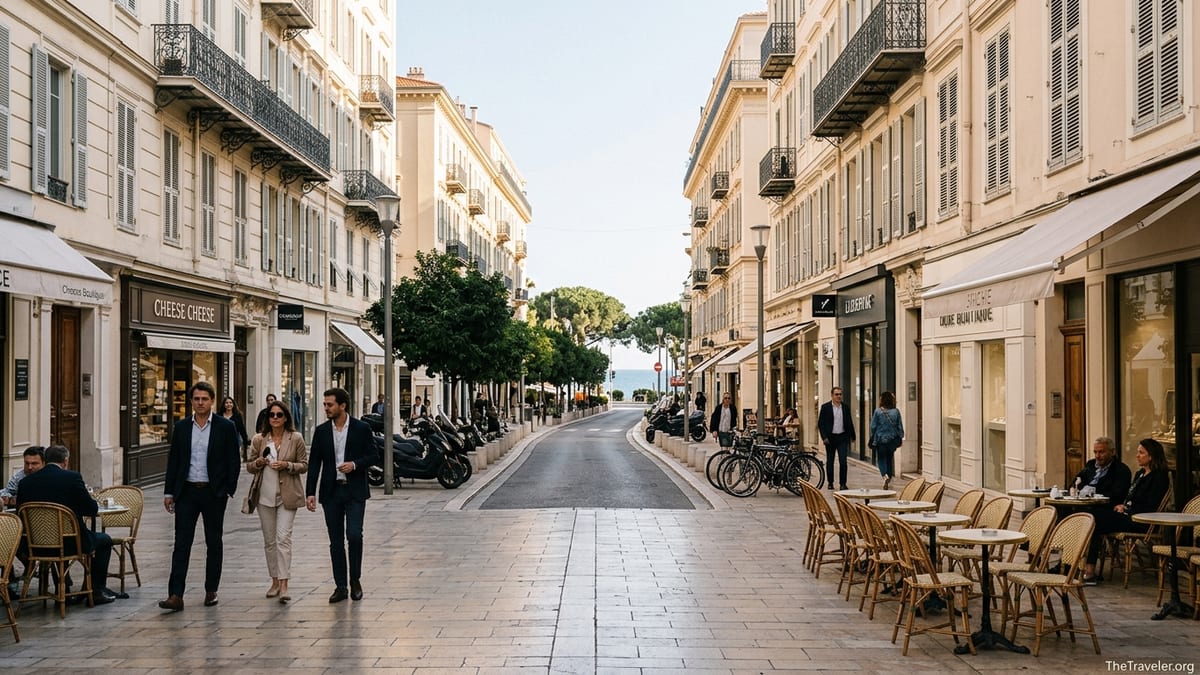 Elegant boulevard with Belle Époque buildings and busy café terraces in Nice’s Carré d’Or district near the sea.