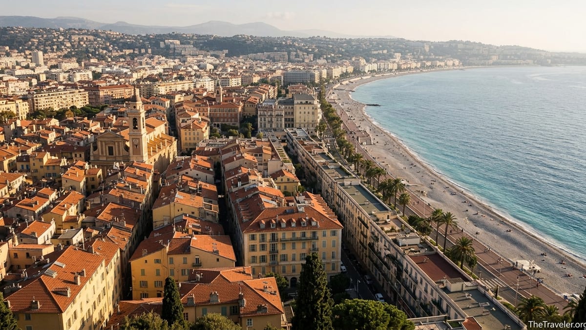 View over Old Town Nice and Carré d’Or leading to the Promenade des Anglais at sunset.