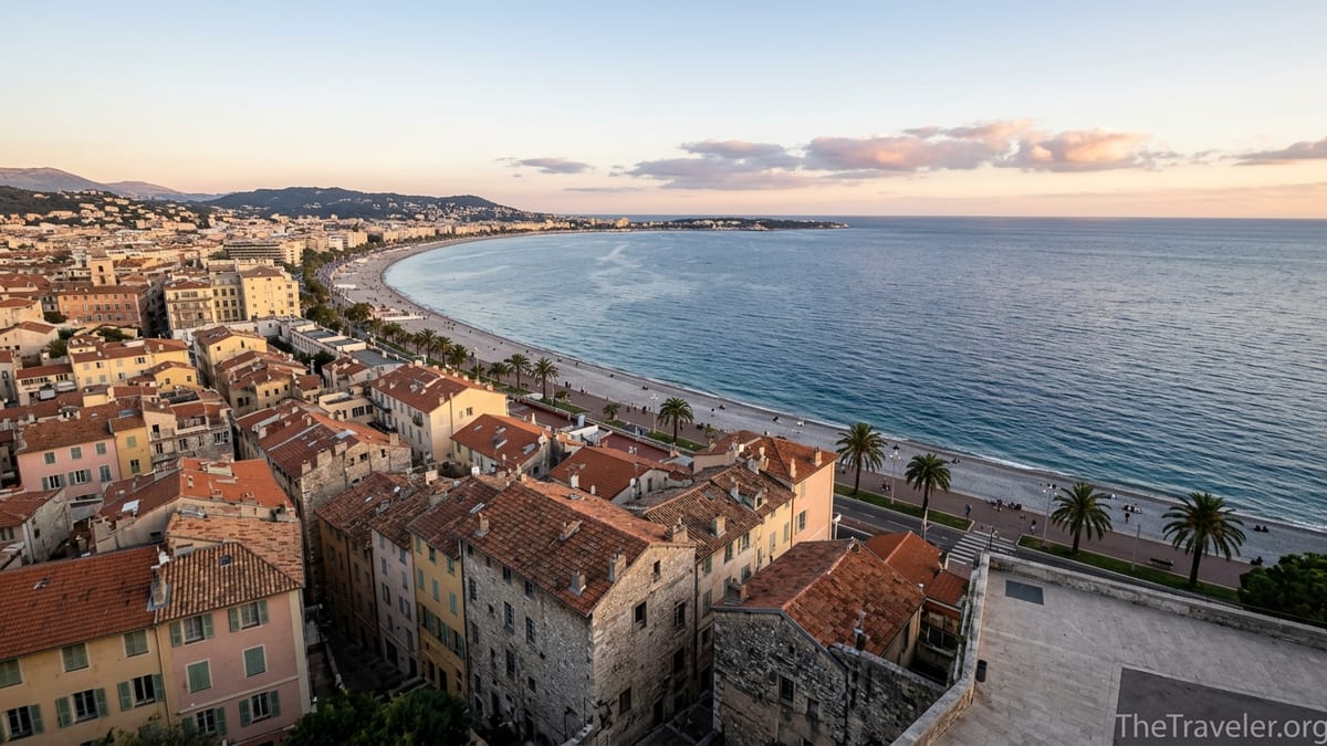 Aerial view of Nice’s Old Town and Promenade des Anglais curving along the Baie des Anges at sunset.