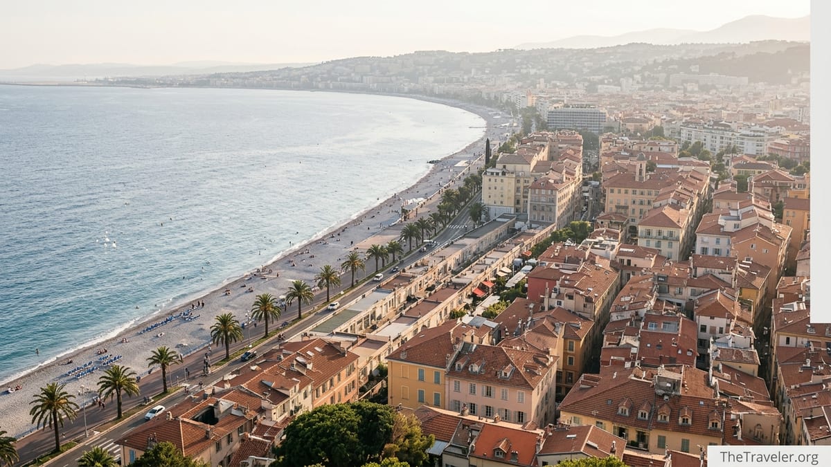 Golden hour view over Nice’s Promenade des Anglais curving along the Baie des Anges.