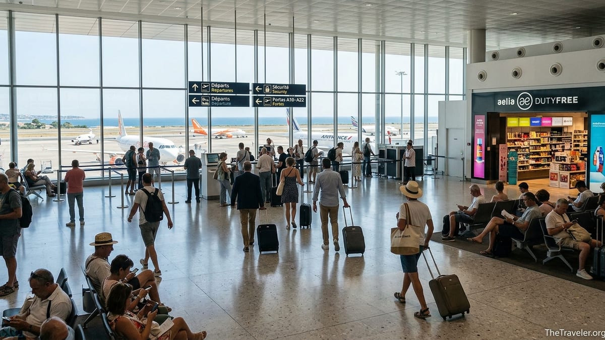 Departing passengers walking through Nice Côte d’Azur Airport Terminal 2 toward security and shops.