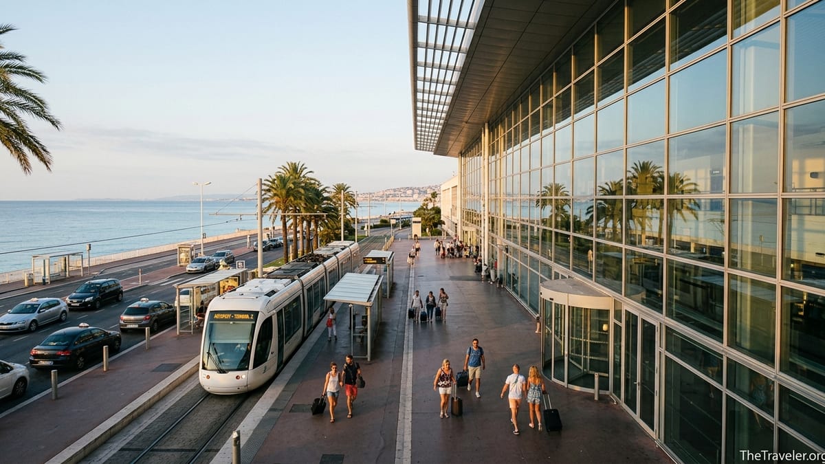 Travelers boarding the tram outside Nice Côte d’Azur Airport Terminal 2 at sunrise.
