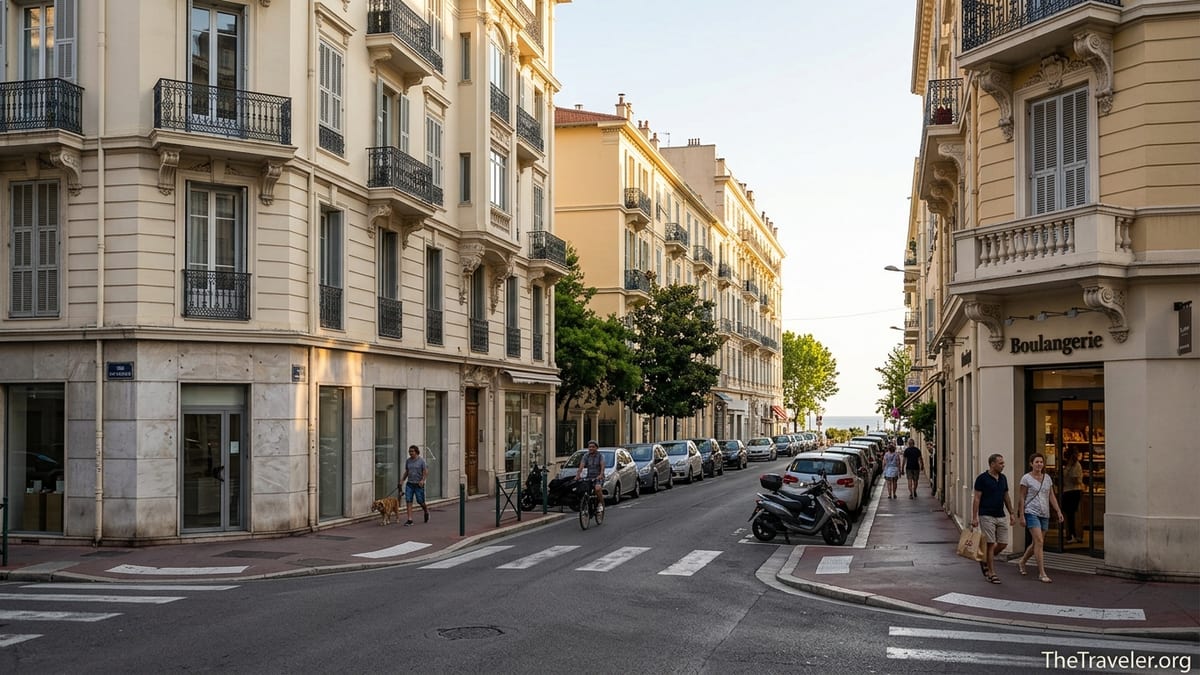 Belle Époque apartment buildings and quiet street in Nice’s Musiciens district at golden hour.