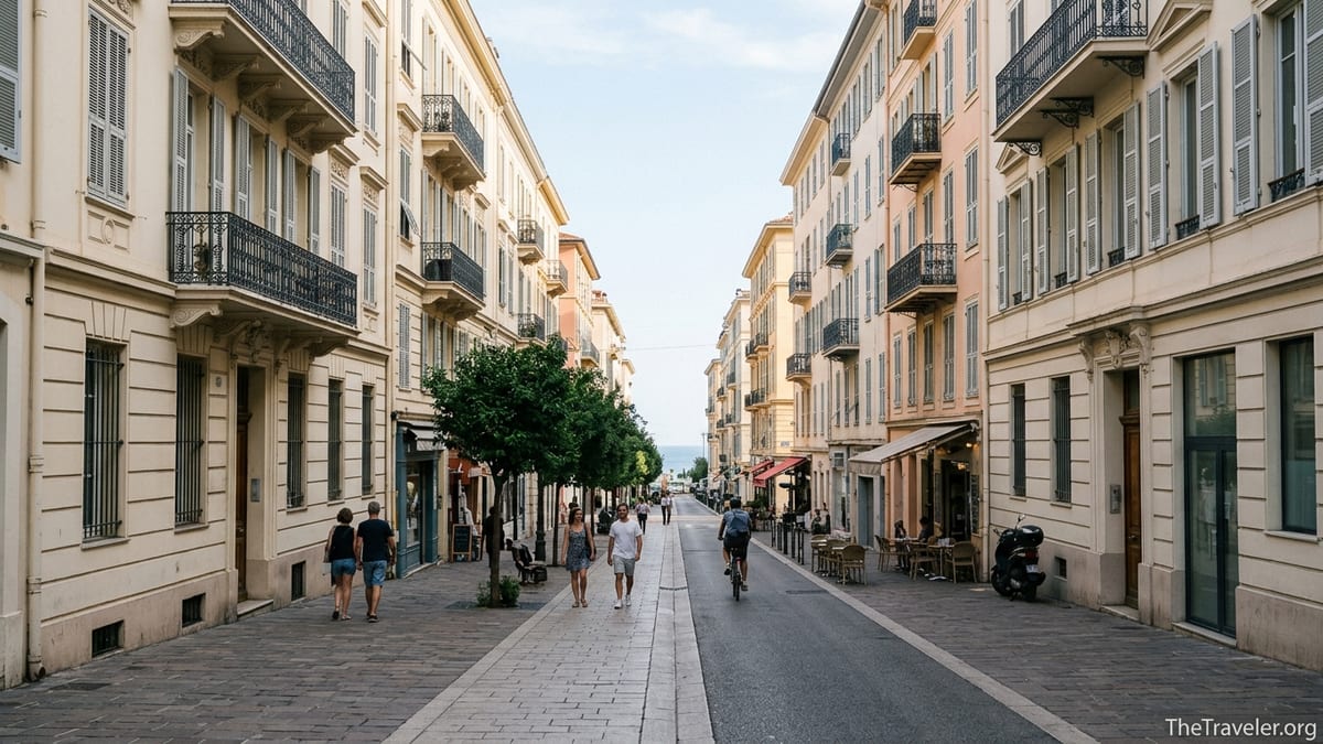 Tree-lined street in Nice’s Musiciens district with Belle Epoque buildings and pedestrians on a sunny afternoon.