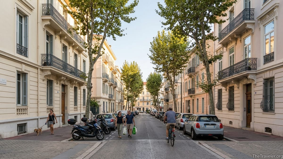 Calm tree-lined street in Nice’s Musiciens district with Belle Époque buildings at golden hour.